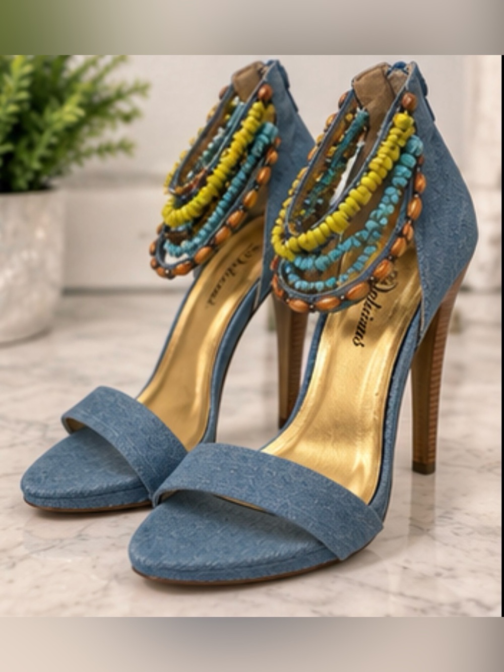 Delicious Denim Blue Beaded High Heel Stiletto Heels Size 7.5 Boho / Like New